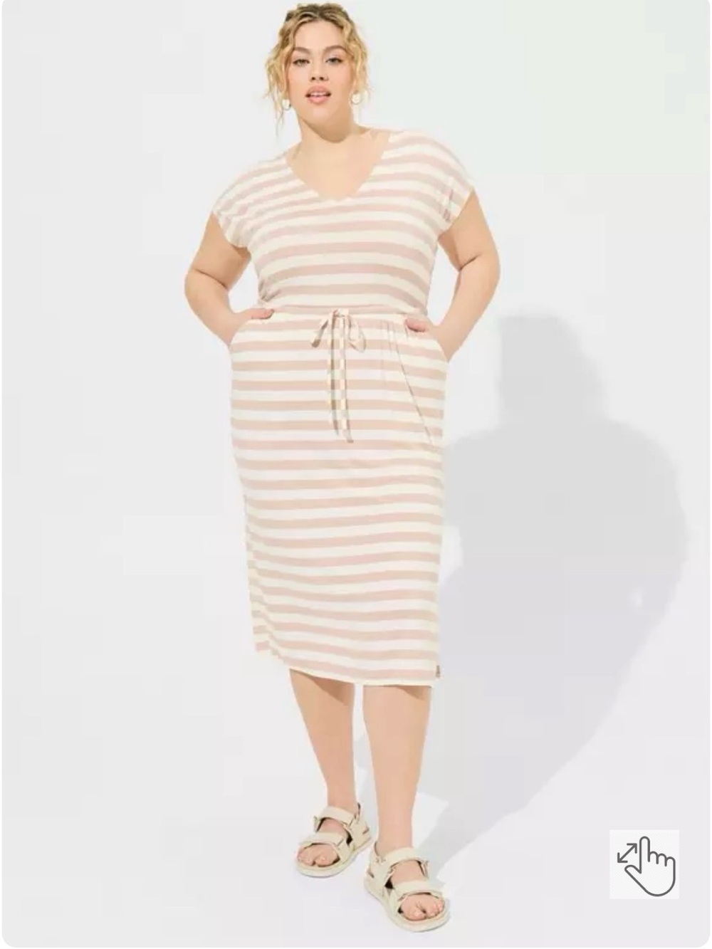 Torrid Striped V-Neck cinch waist  dress — Cream & taupe